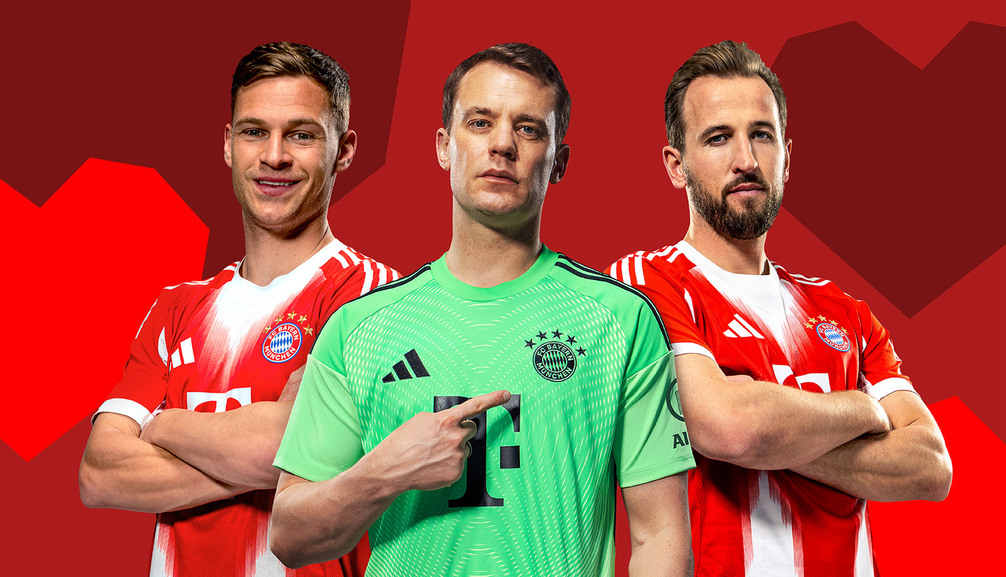 Three soccer players pose in Bayern Munich jerseys, showcasing team spirit. The player on the left has a playful smile, while the central player in a green goalkeeper jersey confidently points to his chest. The player on the right has a focused expression, displaying strong teamwork and camaraderie.