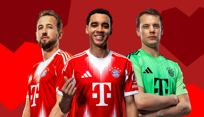 Three football players from Bayern Munich are featured, wearing the team's distinctive red and white jerseys. The player in the center, smiling and gesturing, stands between two others: one with a serious expression in a red jersey and the other in a green goalkeeper kit. The background is a solid red.